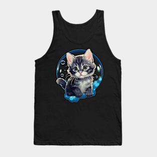 Blue Cat in Bubble: Adorable Kitten Sticker-Style Tee Tank Top